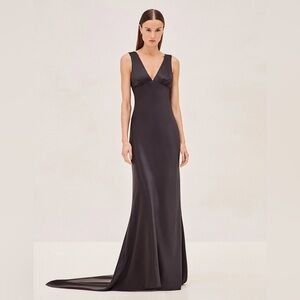 Alexis Black Backless Satin Silk V-Neck Evening Gown